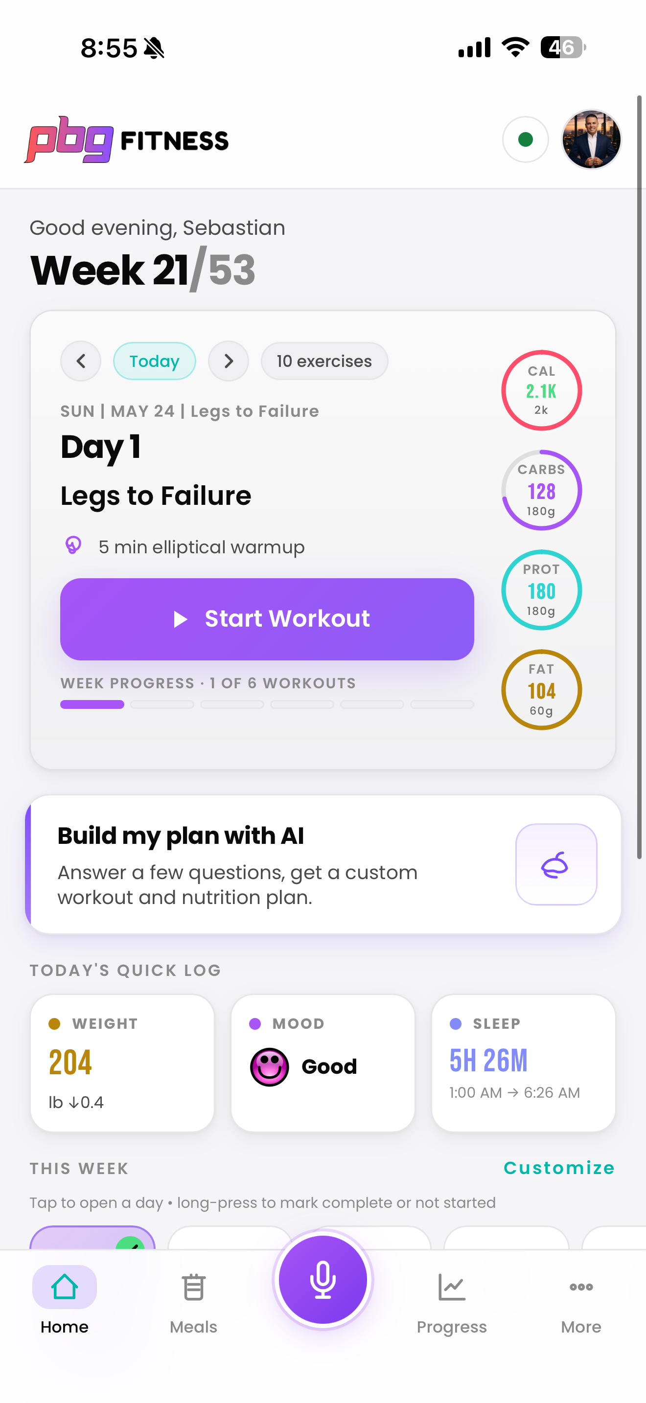 PBG Fitness home screen mockup